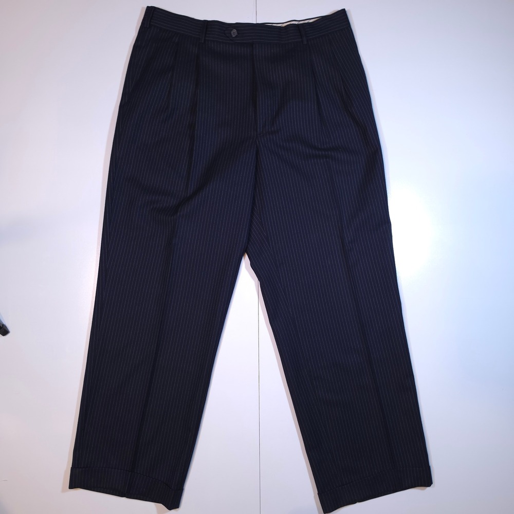 Coppley Mens Navy Pinstripe Wool Suit Scabal Fabric 42S 2 Button Made in Canada - Picture 14 of 14